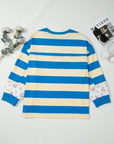 Blue Stripe Floral Color Block Drop Shoulder Plus Size Pullover Top