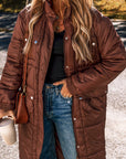 Solid Quilted Stand-Neck Zip-Up Buttoned Puffer Coat