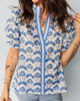 Floral V-Neck Flounced Short Sleeve Blouse