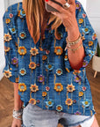 Floral Patchwork Long Sleeve Collared V-Neck Blouse