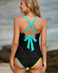 Floral Textured Neon Trim Crisscross Tankini Set