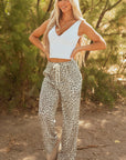 Leopard Drawstring Elastic Waist Straight Leg Pants
