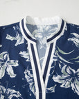 Floral Stripe Trim Puff Sleeve V-Neck Blouse