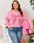 Plus Size Waffle Bowknot Patchwork Mineral Wash Sweatshirt
