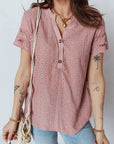 Eyelet Textured Half-Button Short Sleeve Blouse