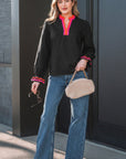 Stripe Trim Ruffle Split Neck Long Sleeve Blouse