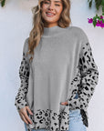 Leopard Mock Neck Side Slit Sweater