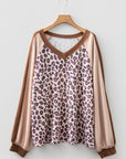 Plus Size Leopard Colorblock Ribbed V-Neck Pullover