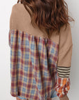 Stripe Plaid Patchwork Waffle Knit Henley Top