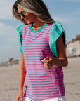 Stripe Colorblock Ruffle Sleeve Crewneck Blouse