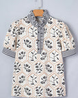 Floral Stripe Patchwork Ruffle Buttoned Short Sleeve Blouse