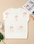 Contrast Bow Tie Short Sleeve Knit Sweater