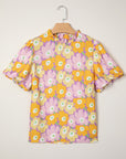 Floral Frilled Neck Puff Short Sleeve Top