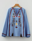 Floral Embroidered Tassel-Tie Puff Sleeve Blouse
