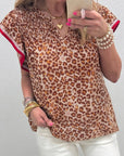 Leopard Contrast Trim Ruffle Short Sleeve Blouse