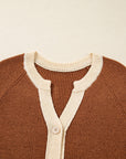 Contrast Trim Buttoned V-Neck Cropped Cardigan