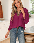 Leopard Trim Flounced 3/4 Sleeve V-Neck Blouse