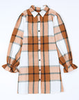 Plaid Collared Neck Ruffle Sleeve Shirt Dress