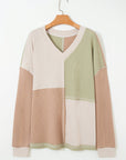 Plus Size Colorblock Waffle Long Sleeve V-Neck Top