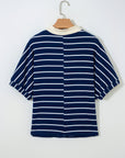 Stripe Stand Collar V-Neck Dolman Sleeve Top
