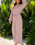 Solid Puff Sleeve Top and Drawstring Pants Set