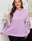 Plus Size Floral Patch Colorblock Long Sleeve Top