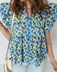 Flower Tiered Flutter Sleeve Pleated Blouse