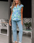 Floral Plaid Trim Collar Flutter Sleeve Blouse