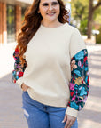 White Floral Patchwork Sleeve Textured Plus Size Pullover Top