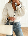 Contrast Trim Buttoned Long Puff Sleeve Shirt