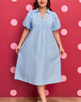 Plus Size Stripe Shirred Collared V-Neck Midi Dress