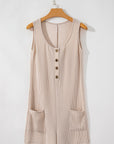 Corded Knit Side Pockets Buttoned Sleeveless Romper