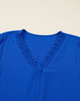 Solid Frilled V-Neck 3/4 Sleeve Mini Dress