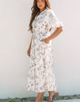 Floral Puff Sleeve V-Neck Buttoned Front Dress