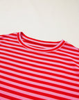 Stripe Ribbed Cap Sleeve Round Neck T-Shirt