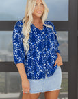 Floral 3/4 Sleeve Notched Neck Blouse