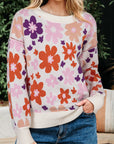 Floral Ribbed Trim Drop Shoulder Sweater