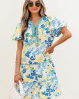 Floral Stripe Trim Puff Short Sleeve Dress