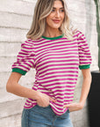 Stripe Contrast Trim Short Puff Sleeve Tee