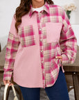 Plus Size Plaid Patchwork Waffle Patch Pocket Shirt