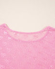 Pink Plus Size Bow Embroidered Mesh Long Sleeve Top