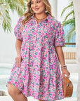 Plus Size Floral Half-Button Puff Sleeve Dress