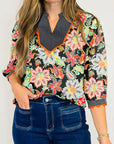 Floral Stripe Patchwork Ricrac Trim Blouse