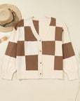Plus Size Checker Ribbed Knit Buttoned V-Neck Cardigan