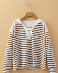 Stripe Textured Long Sleeve Hooded V-Neck Top