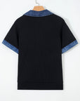 Denim Polo Collar Waffle Knit Patchwork Top