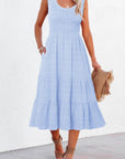 Shirred Pleated Square Neck Sleeveless Midi Dress