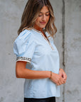Leopard Contrast Trim Split Neck Puff Sleeve Blouse
