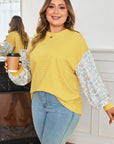 Plus Size Stripe Floral Patchwork Long Sleeve Top