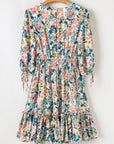 Floral 3/4 Sleeve V-Neck High Waist Ruffle Dress